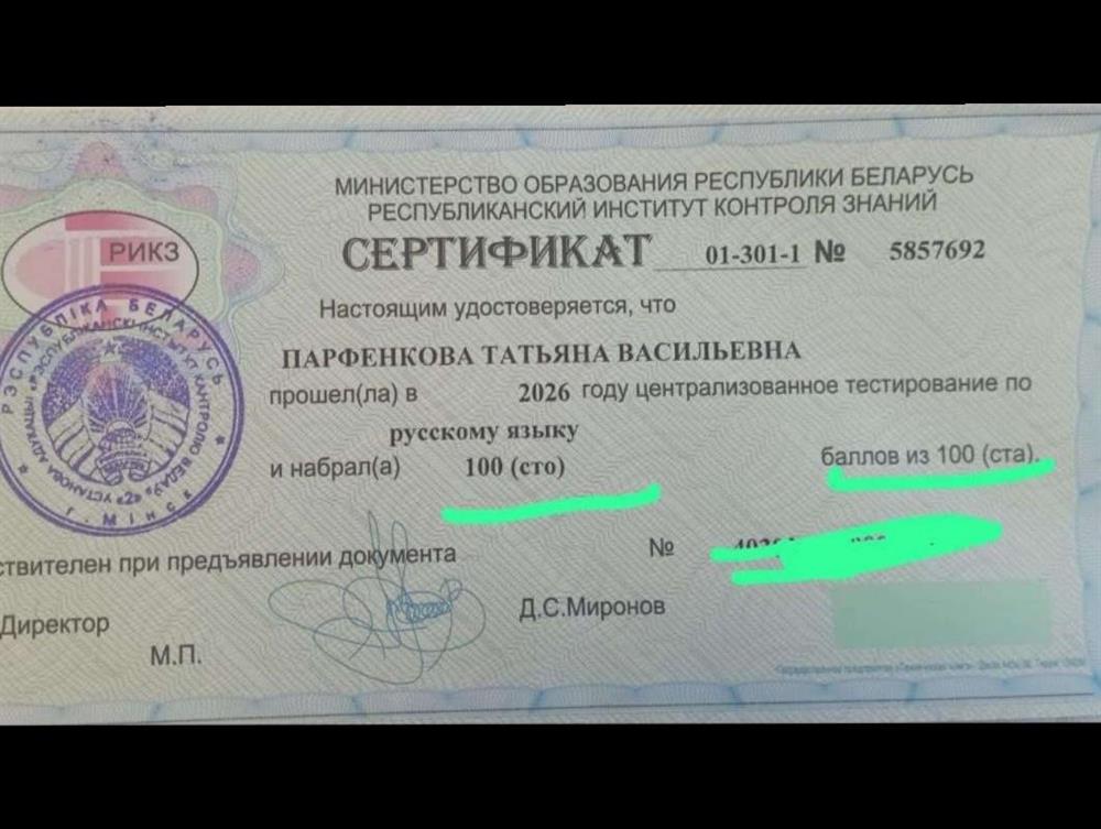 Сертификат тестирования по русскому языку.  Результат- 100 баллов