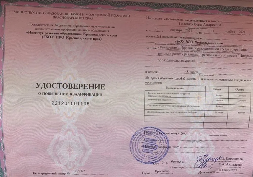 Удостоверение о повышении квалификации