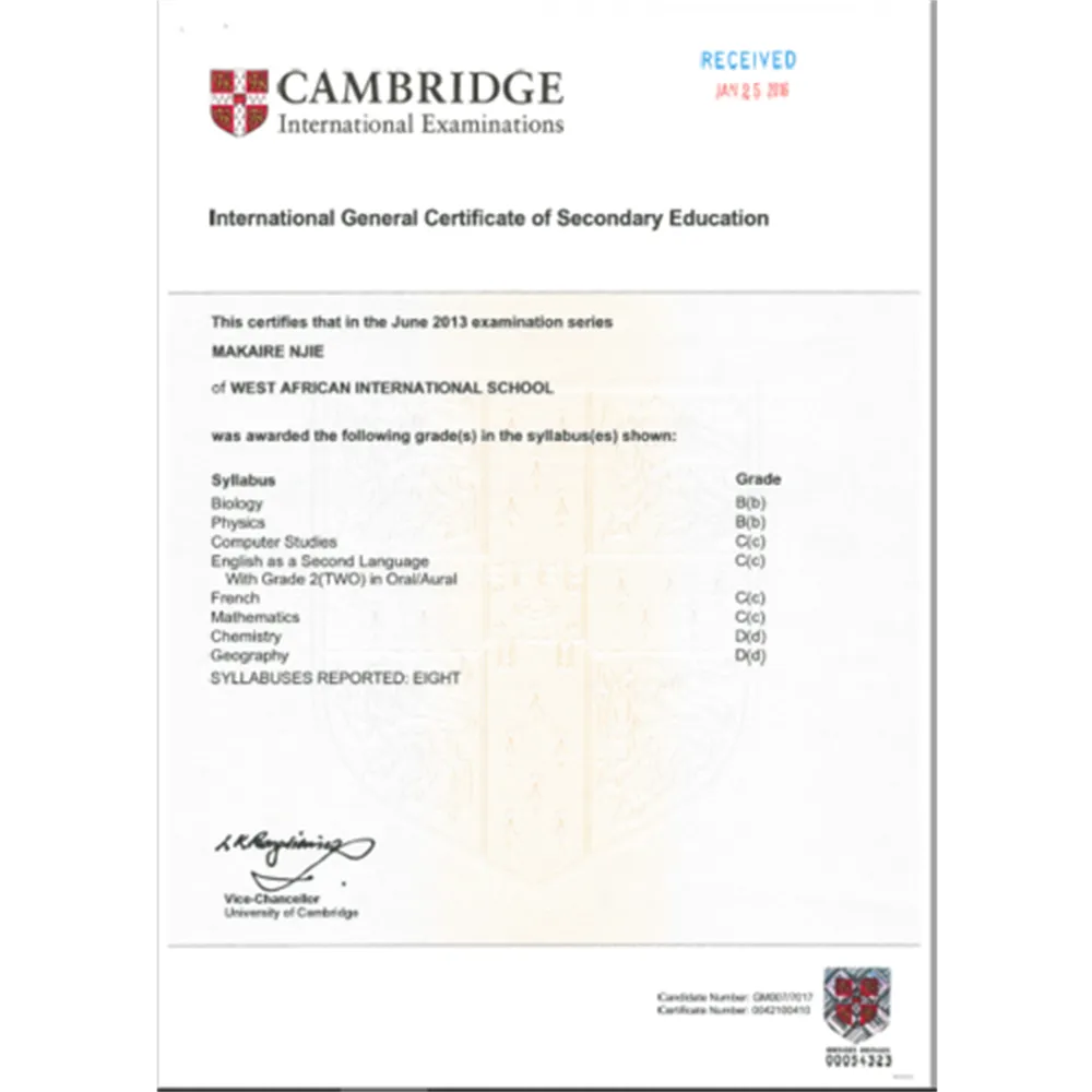Cambridge IGCSE certificate