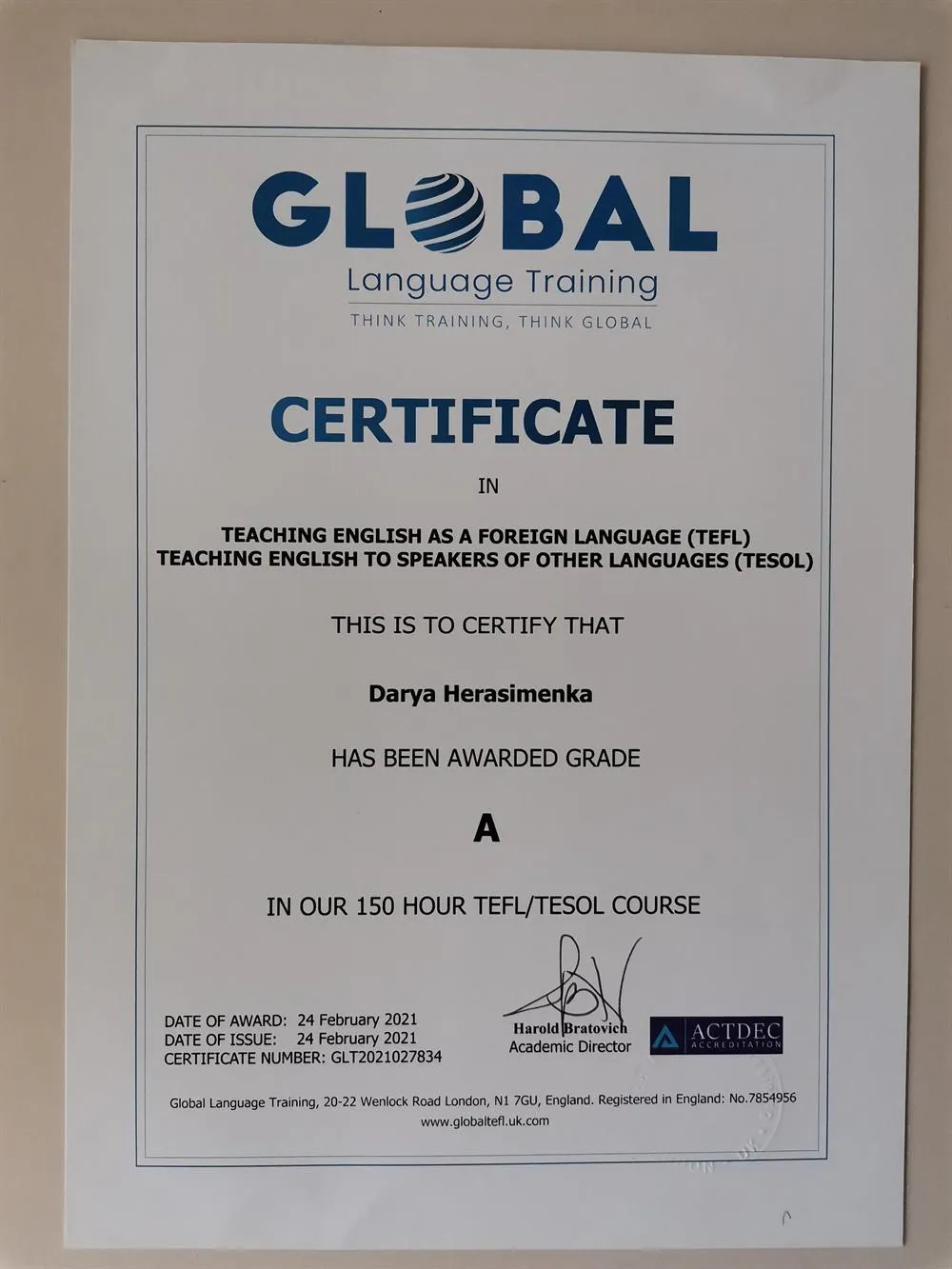 TEFL / TESOL (London, Global Language Training)