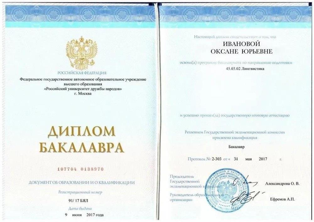 Диплом РУДН 2017, бакалавр лингвистика 
