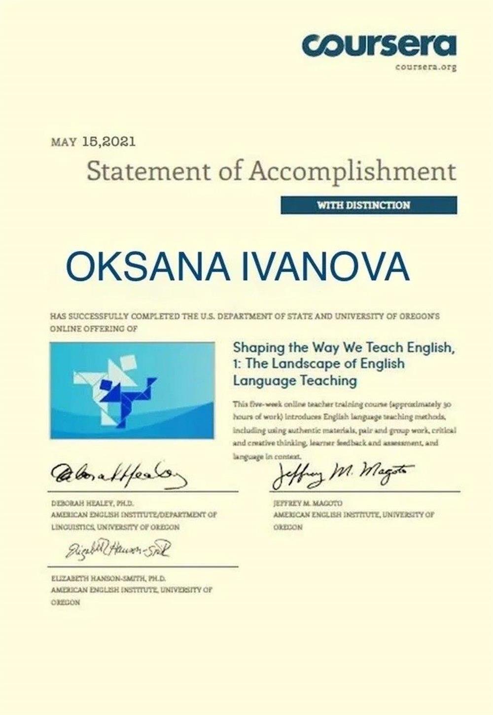Certificate, University of Oregon, 2021- English Teaching course