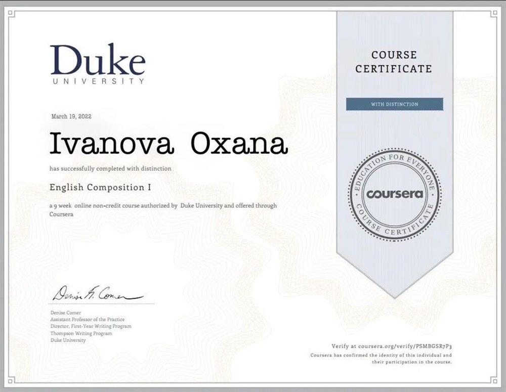 Certificate, Duke universit certificate, 2022- English Composition part 1 course 