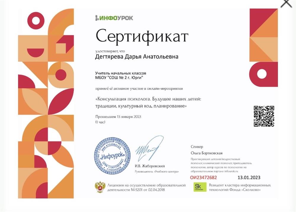 Сертификат о принятии участия в мероприятии «Консультация психолога. Будущее наших детей:традиции, культурный код, планирование».