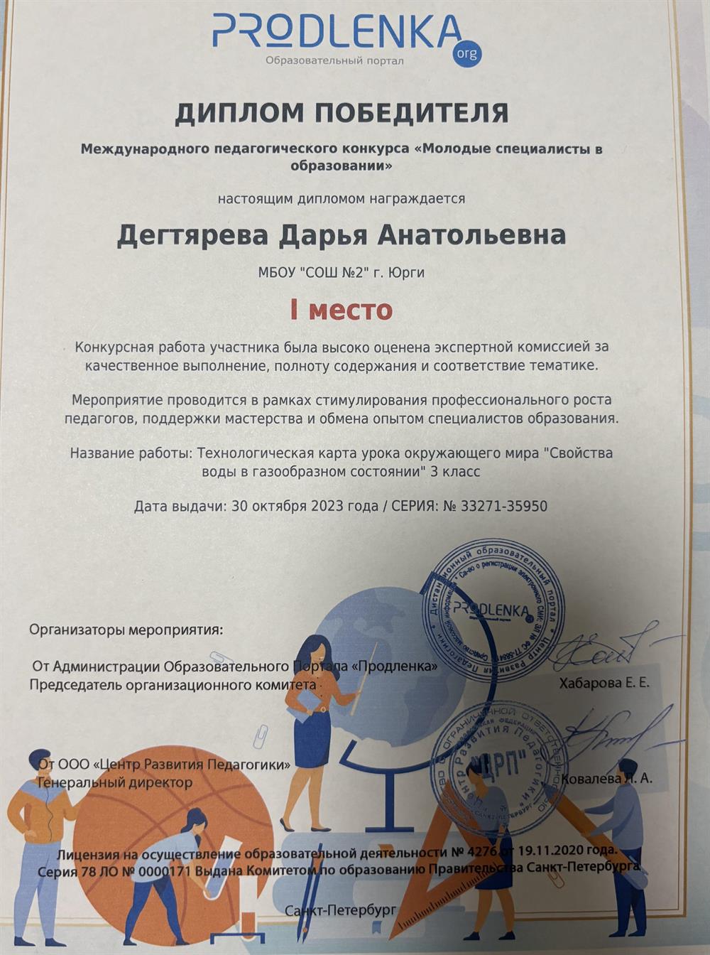 Диплом победителя в международном конкурсе педагогическом конкурсе.