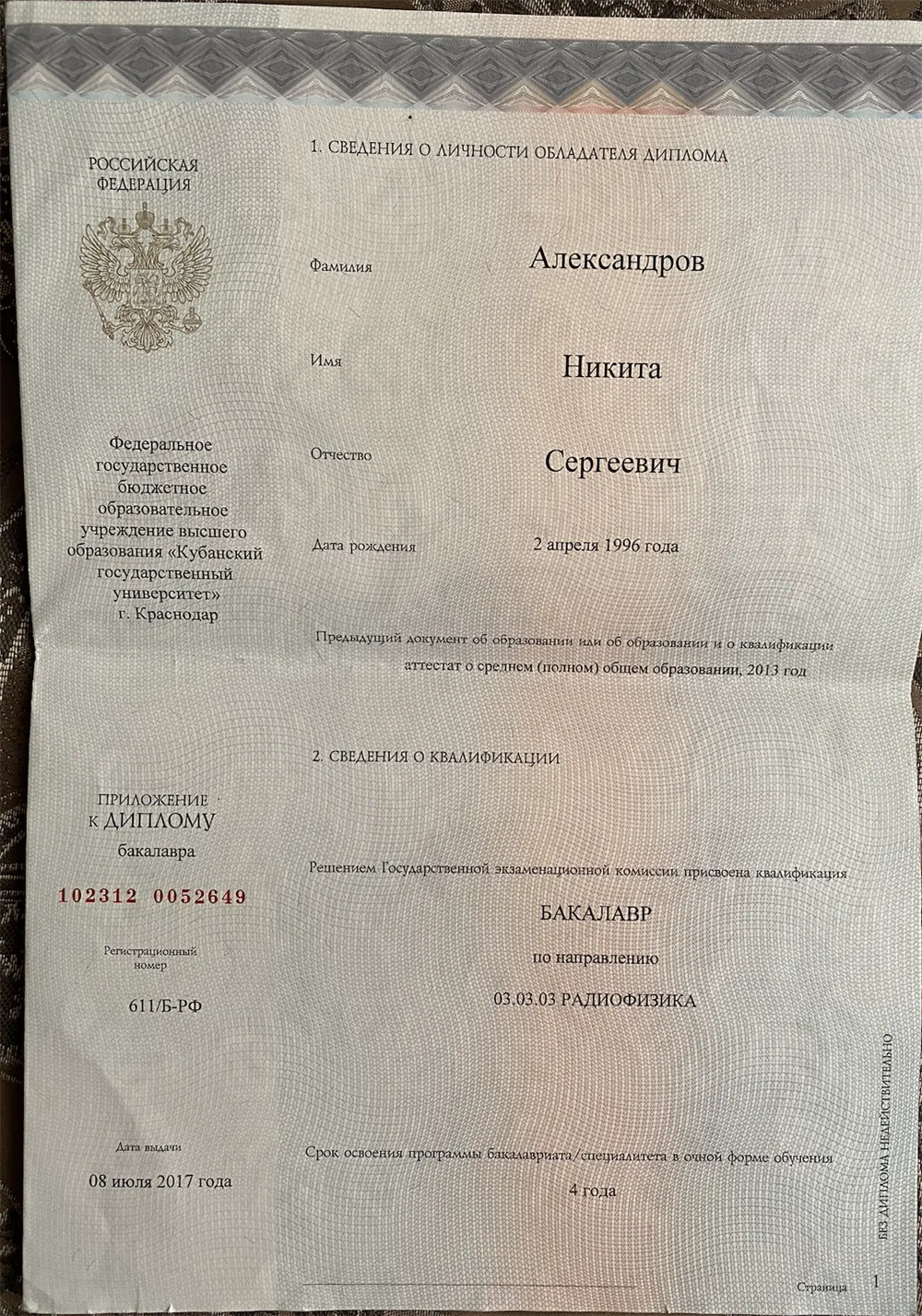 Диплом бакалавра
