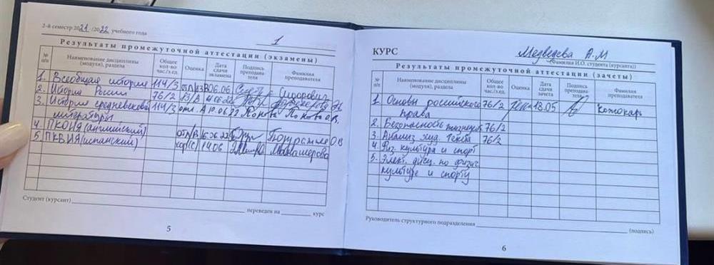 зачётная книжка, результаты за 2й семестр 1 курса