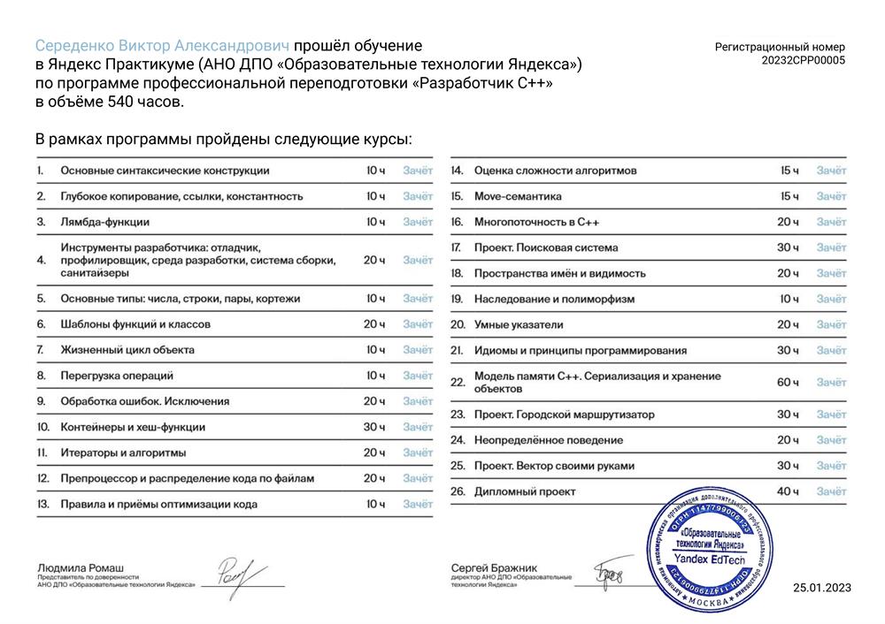 Диплом о профессиональной переподготовке по профессии "Разработчик С++"