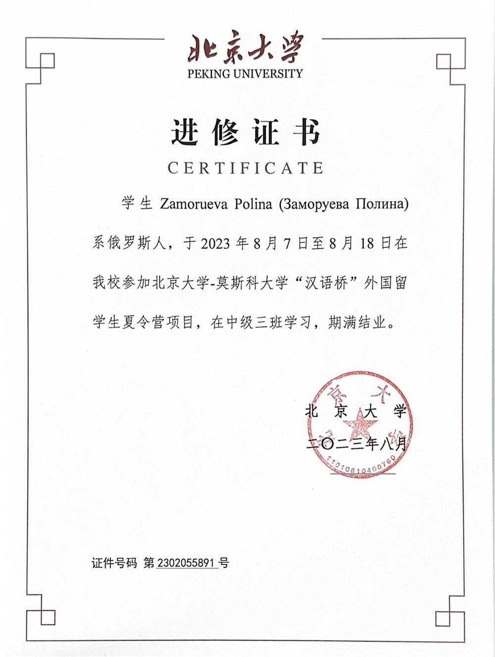 Сертификат. Прохождение курсов в PEKING UNIVERSITY
