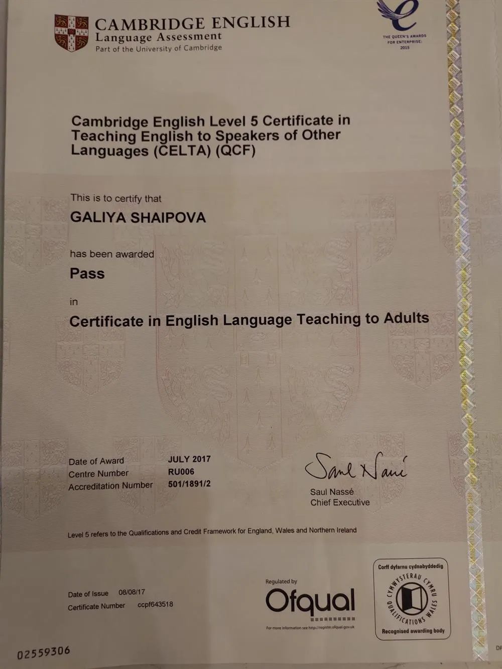 Cambridge CELTA certificate