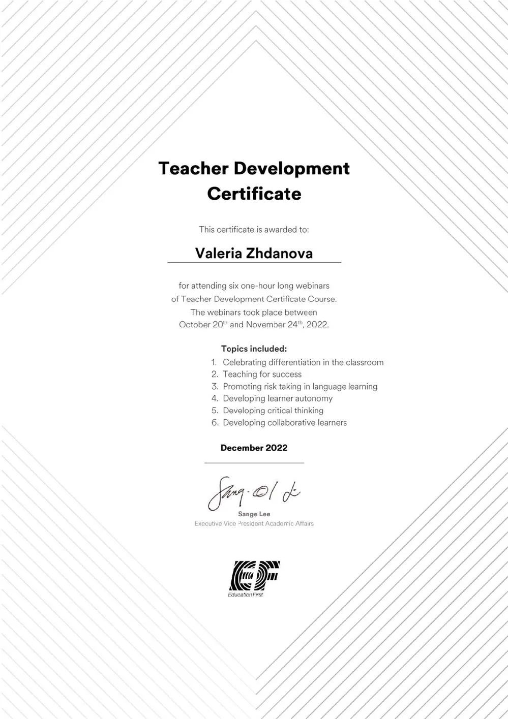 Teacher Development Certificate, 2022