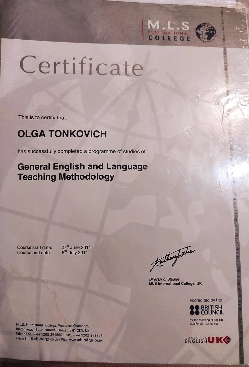 Сертификат MLS College. England. 