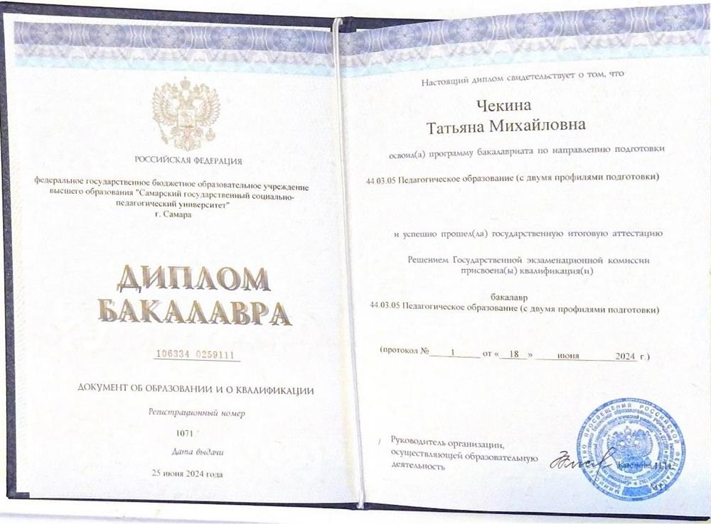 Диплом бакалавра по направлению подготовки "Педагогическое образование с двумя профилями подготовки (математика и информатика)"