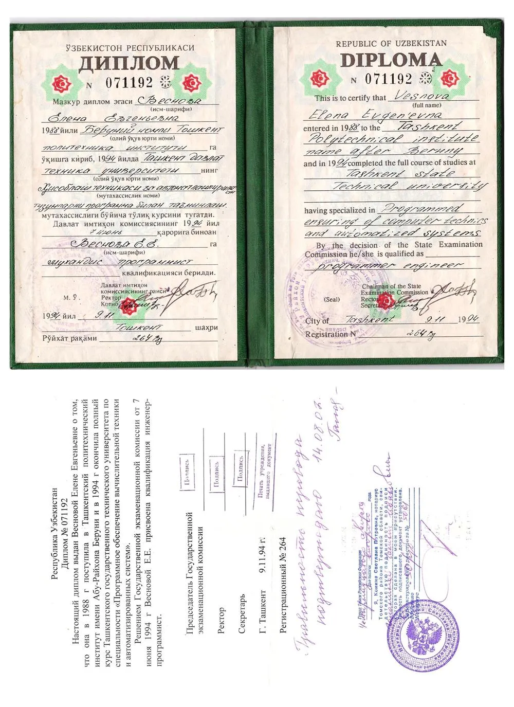 Диплом об окончании Ташкентского технического университета