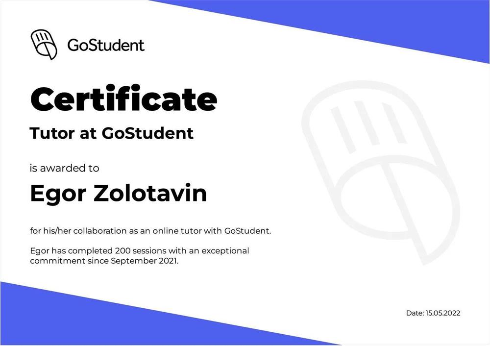 Certificate tutor at GoStudent, более 200 занятий на онлайн-платформе