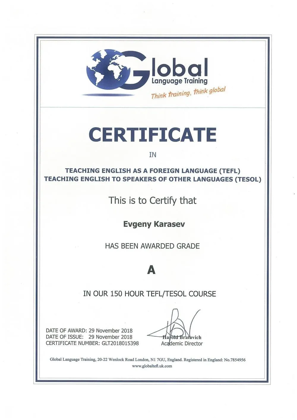 Global Language Training(UK, London)-Преподавание английского языка как иностранного (TEFL) и Преподавание английского языка носителям других языков (TESOL) 