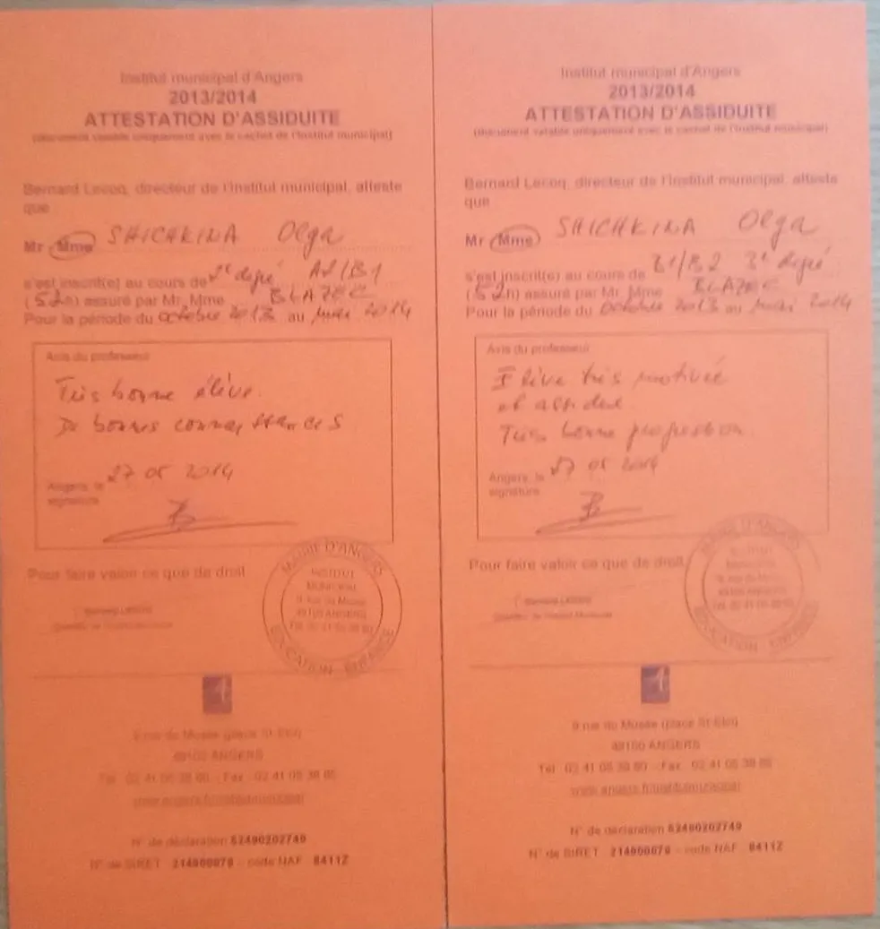 Диплом о прохождении курса практики французского языка в институте г. Анже, Франция