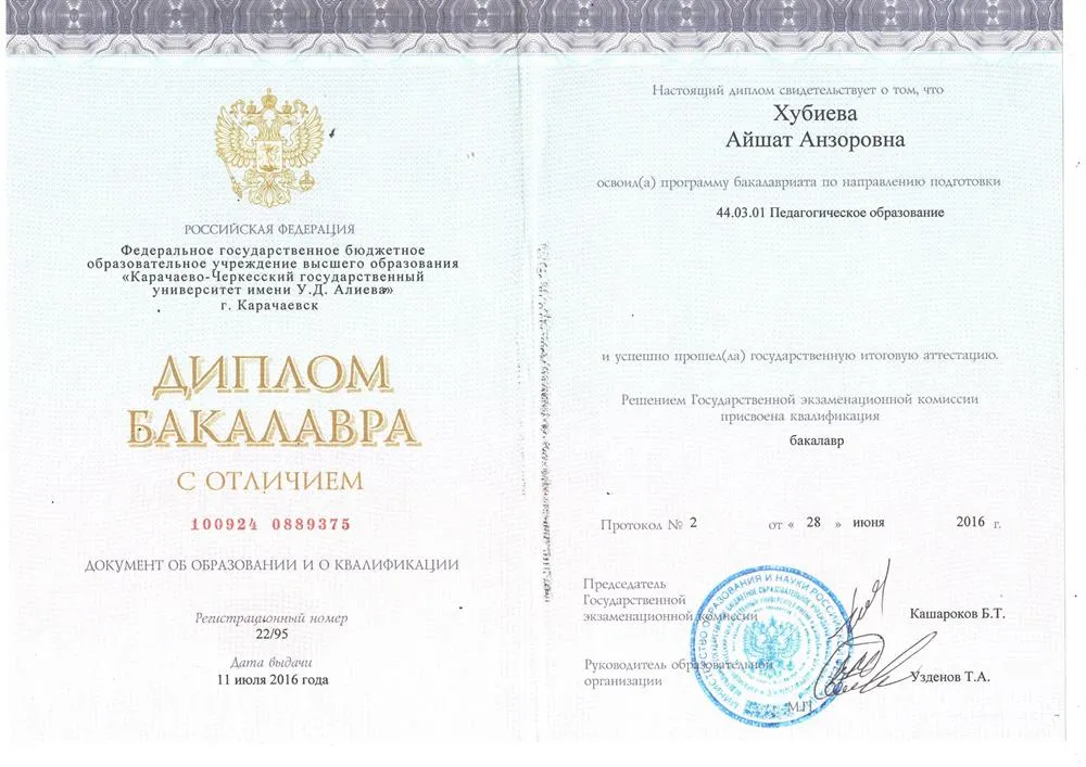 Диплом бакалавра по направлению подготовки "Педагогическое образование"