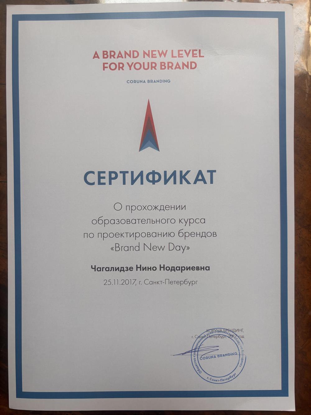 сертификат о прохождении образовательного курса по проектированию брендов BRAND NEW DAY