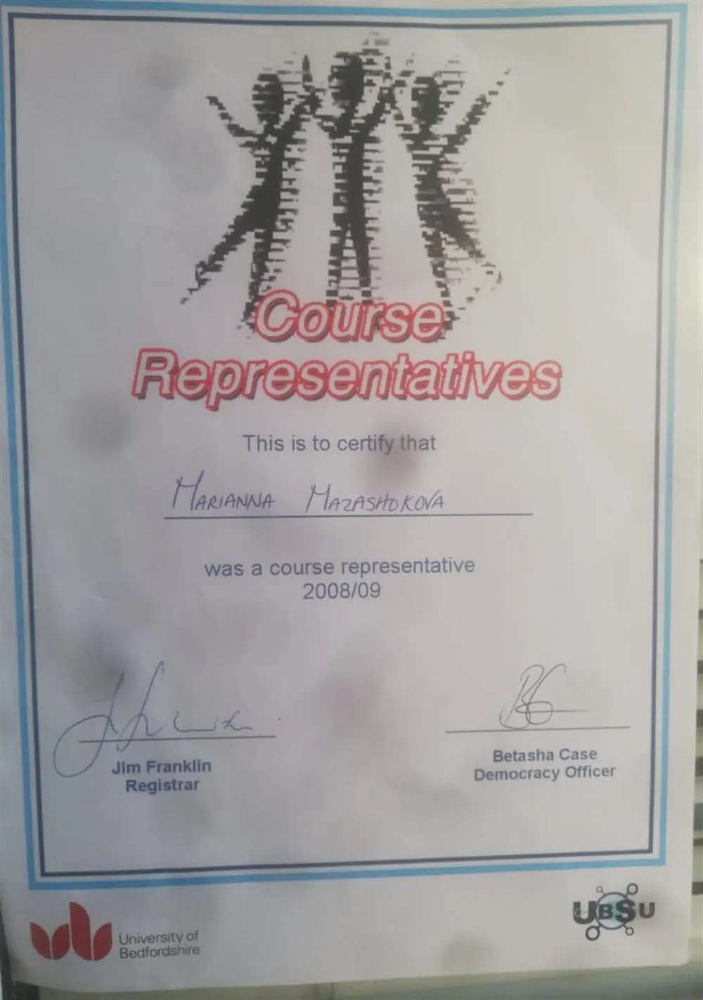 Course Representative Certificate. University of Bedfordshire.