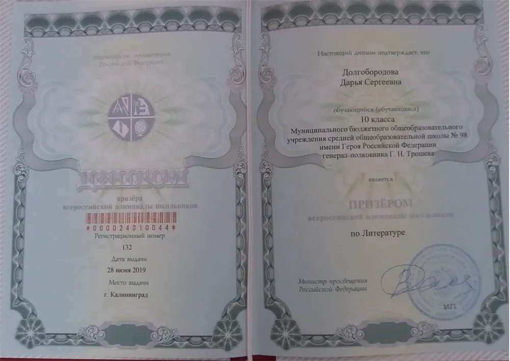 Диплом призера заключительного этапа всероссийской олимпиады школьников по литературе (2019)