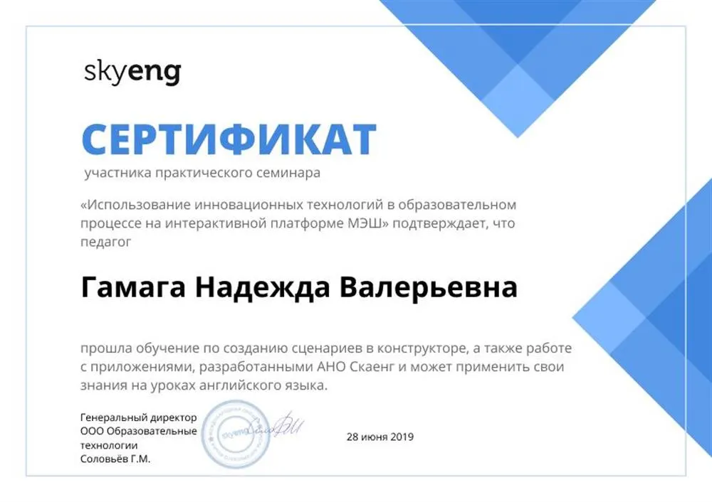 Сертификат "Инновационные технологии в образовательном процессе"