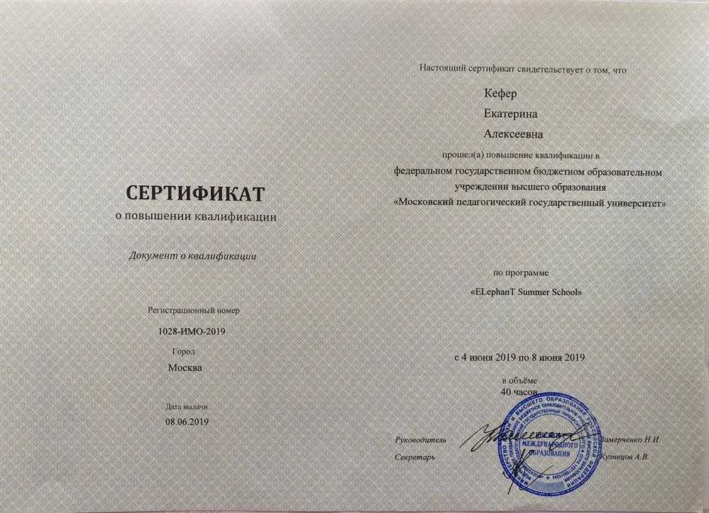 Сертификат о повышении квалификации в МПГУ, 2019г.