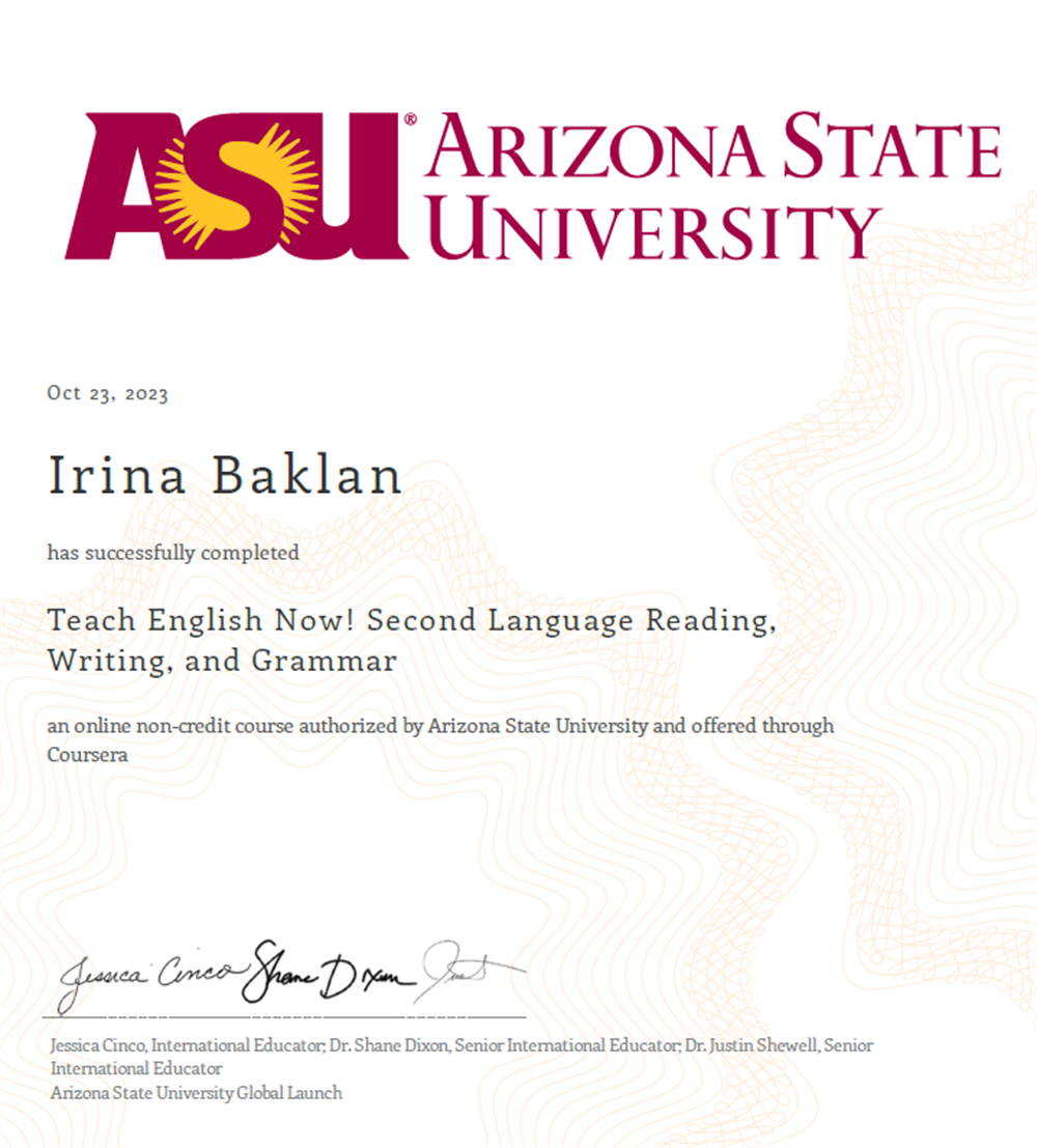 Свидетельство.  Teach English Now! Second Language Reading, Writing, and Grammar