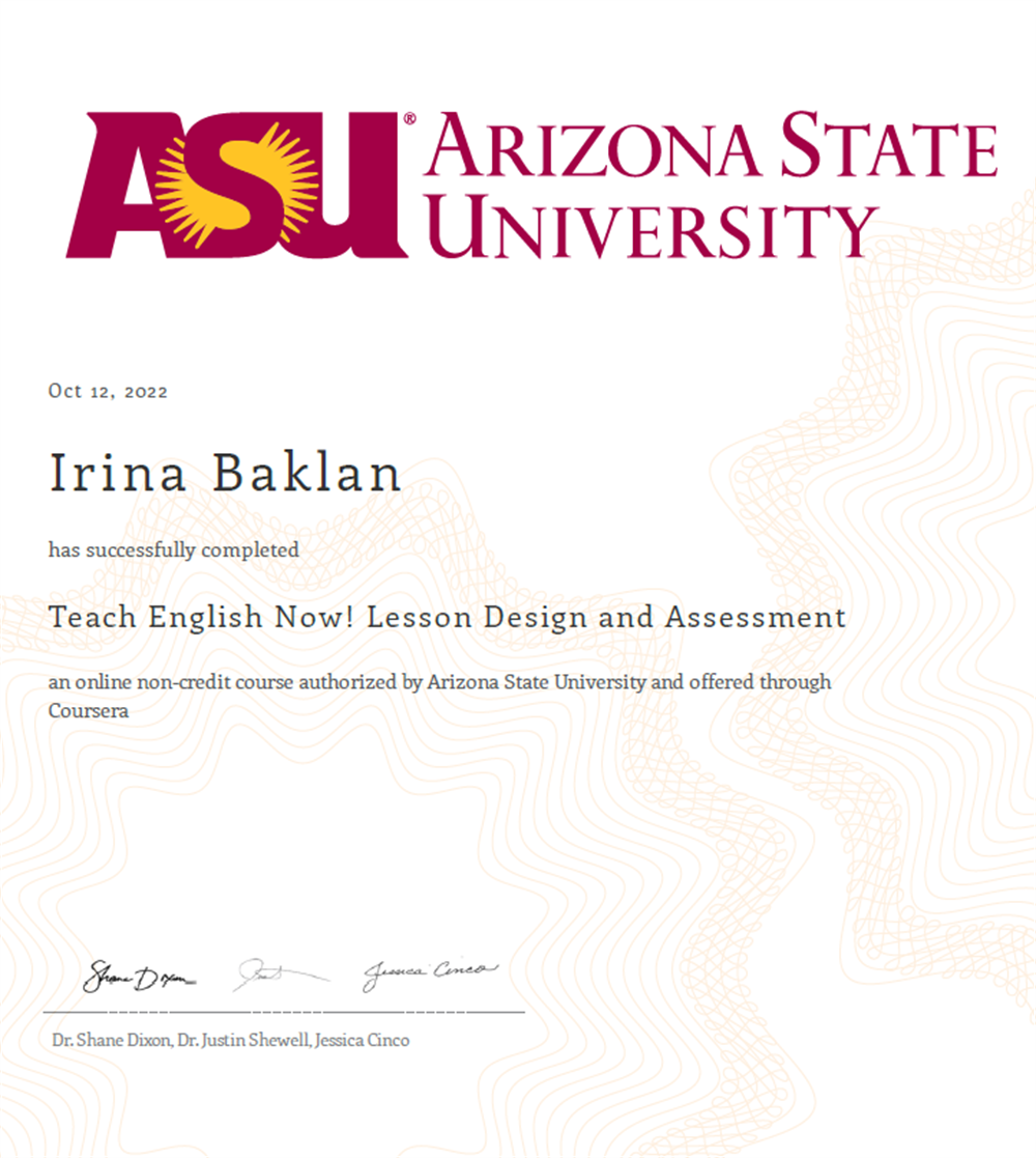 Свидетельство.  Teach English Now! Lesson Design and Assessment