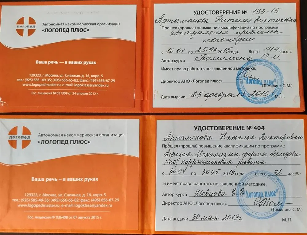 Удостоверения о повышении квалификации