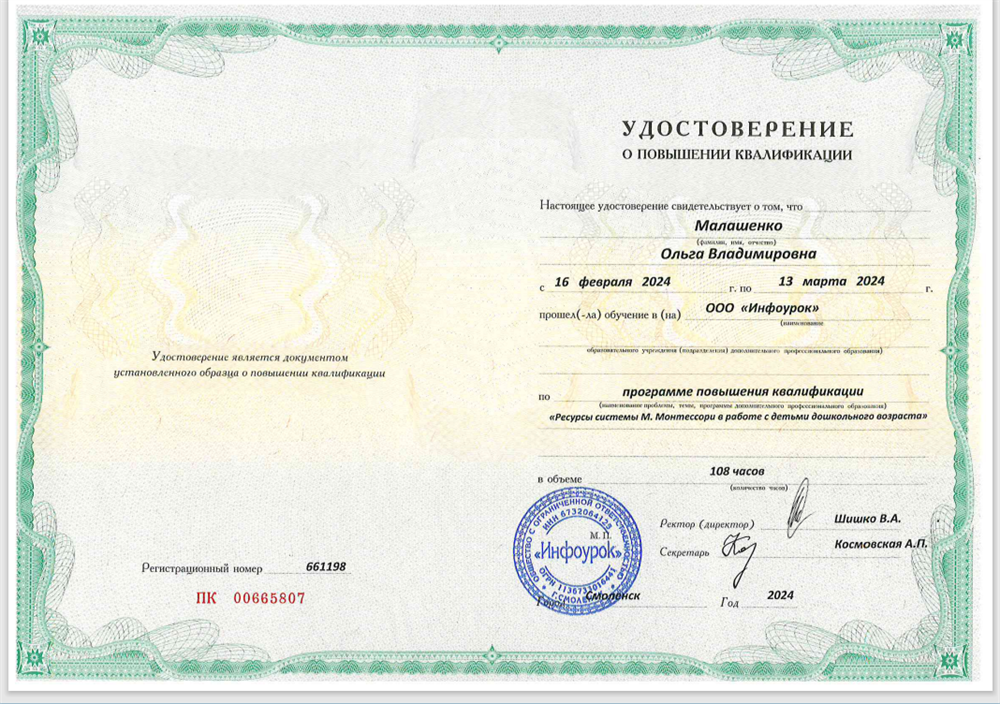 Удостоверение. Монтессори