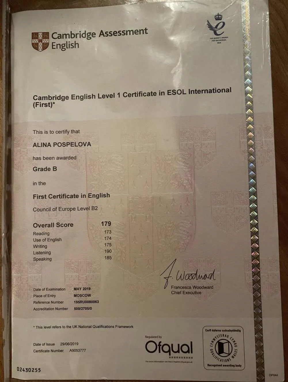Cambridge English level 1 Certificate in ESOL International