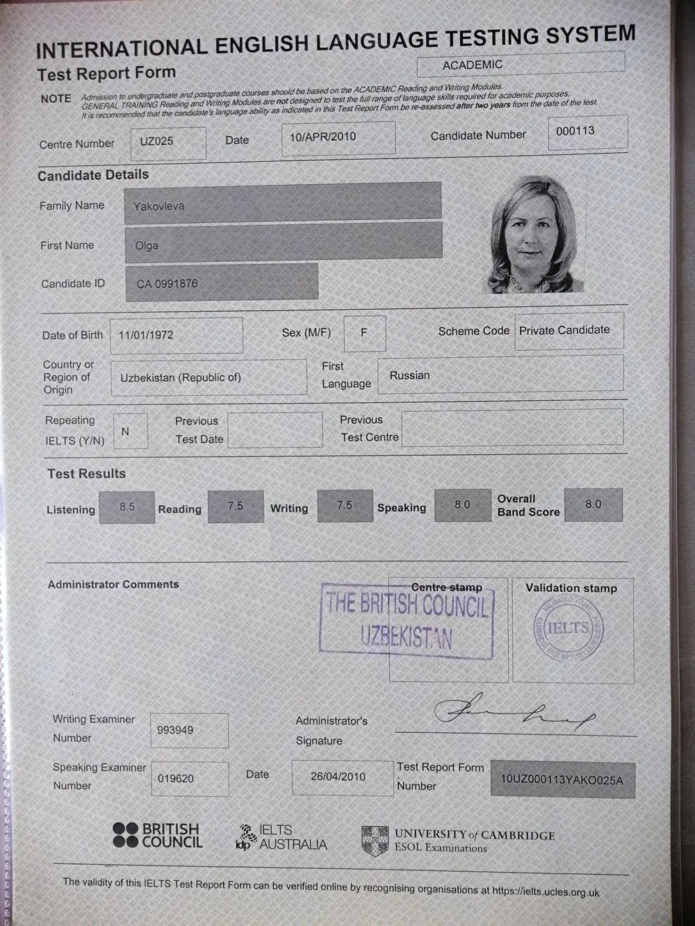 Сертификат IELTS Academic 8,0 