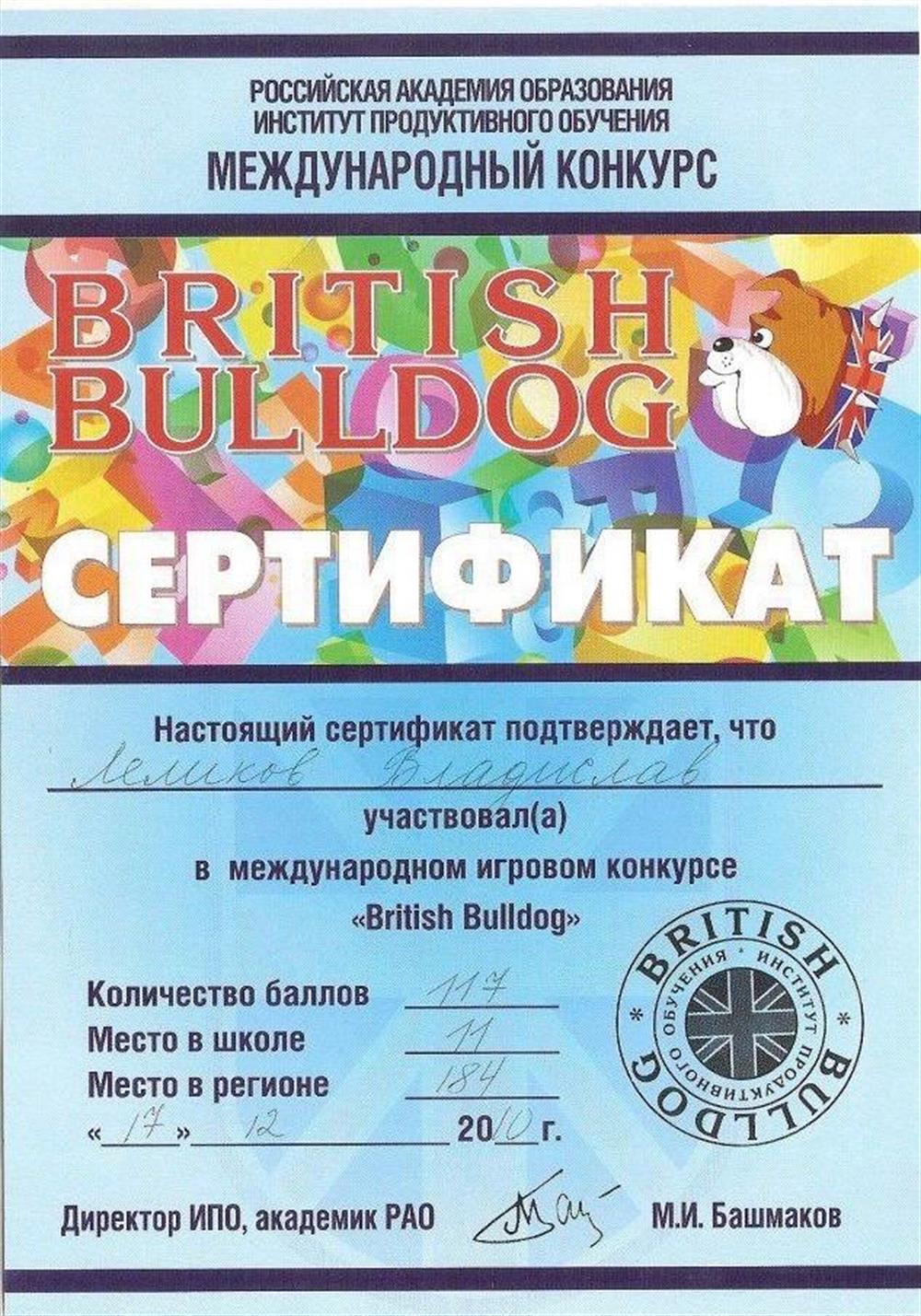 Сертификат участия в английском языковом конкурсе «British Bulldog». 11 место в школе , 184 место в регионе  12.2010