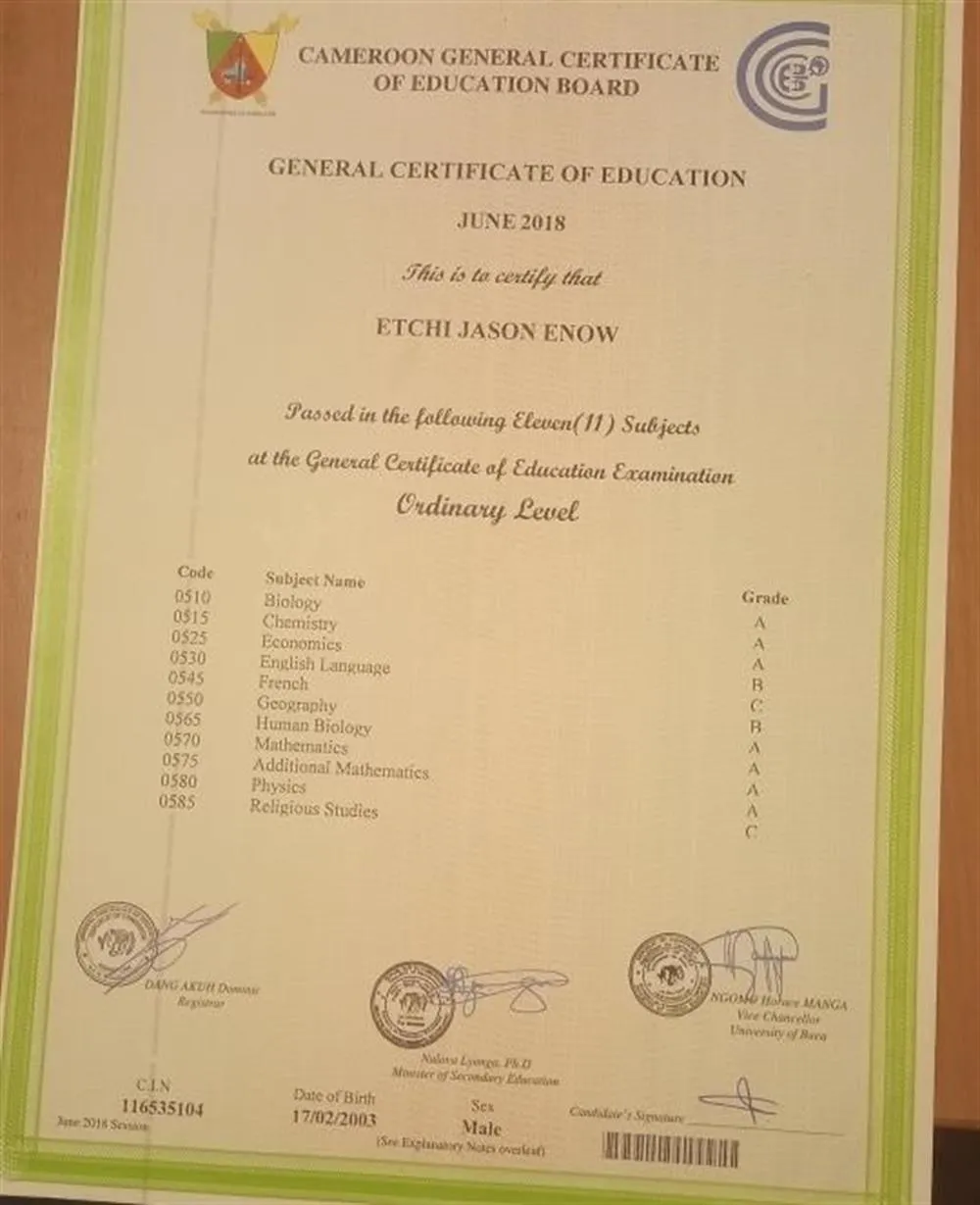 ORDINARY LEVEL CERTIFICATE