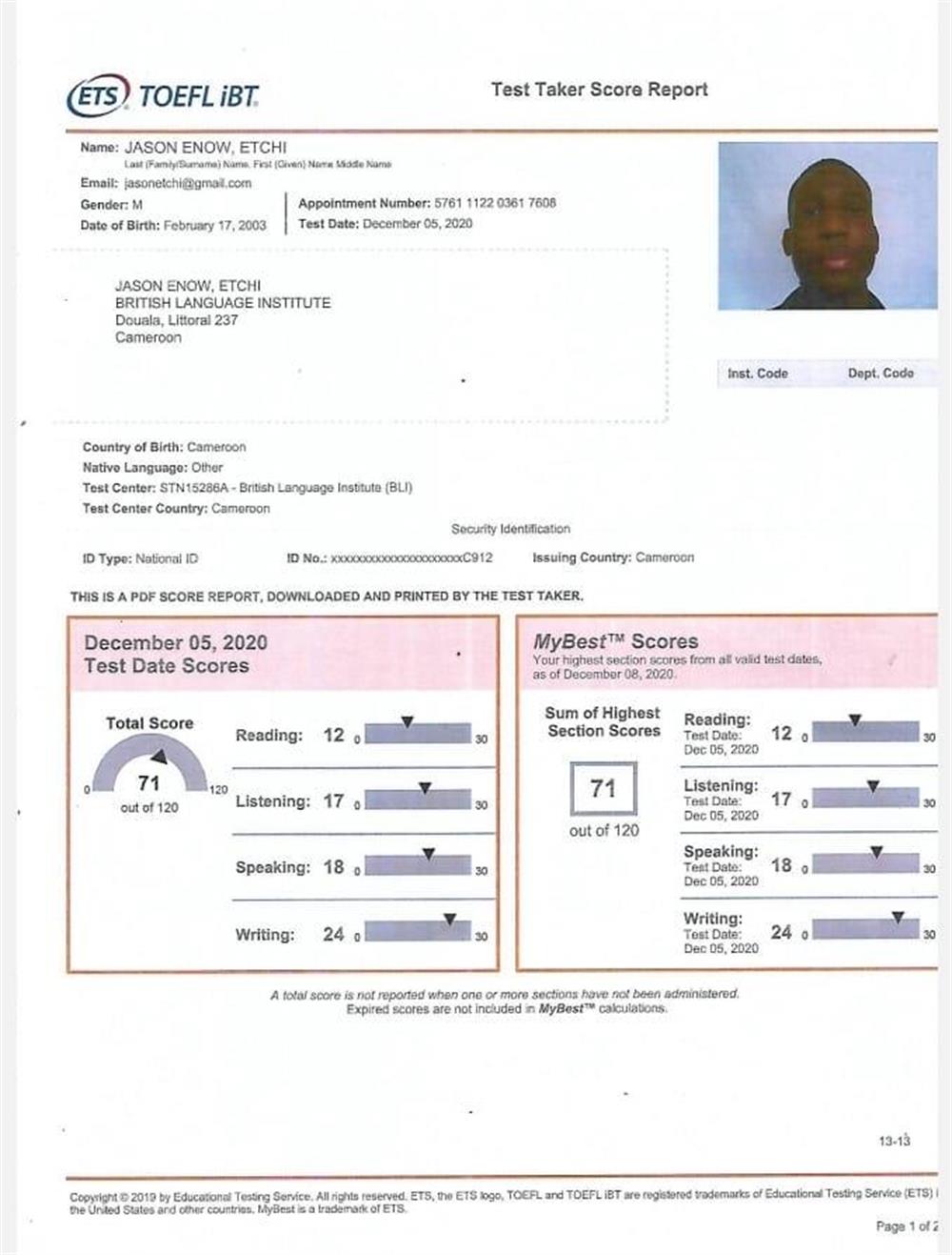 TOEFL Certificate