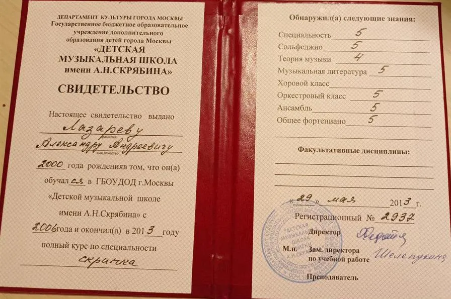 Свидетельство об окончании музыкальной школы
