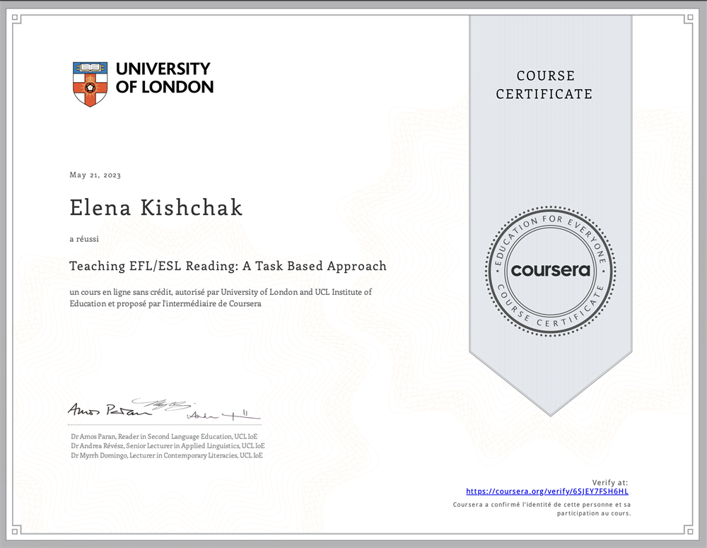 University of London: Teaching EFL/ESL Reading: A Task Based Approach