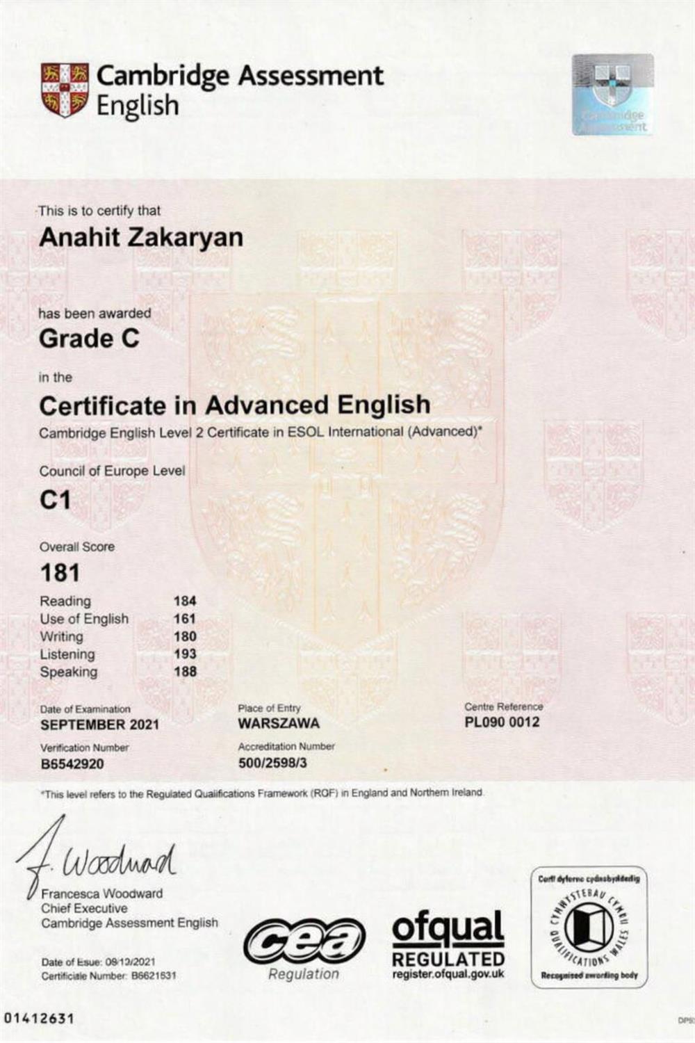 Cambridge Certificate 