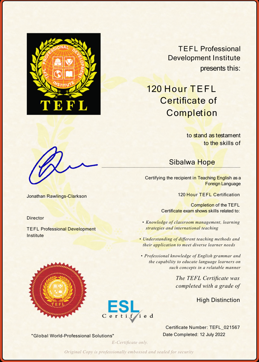 Certificate TEFL, 120 Hour.