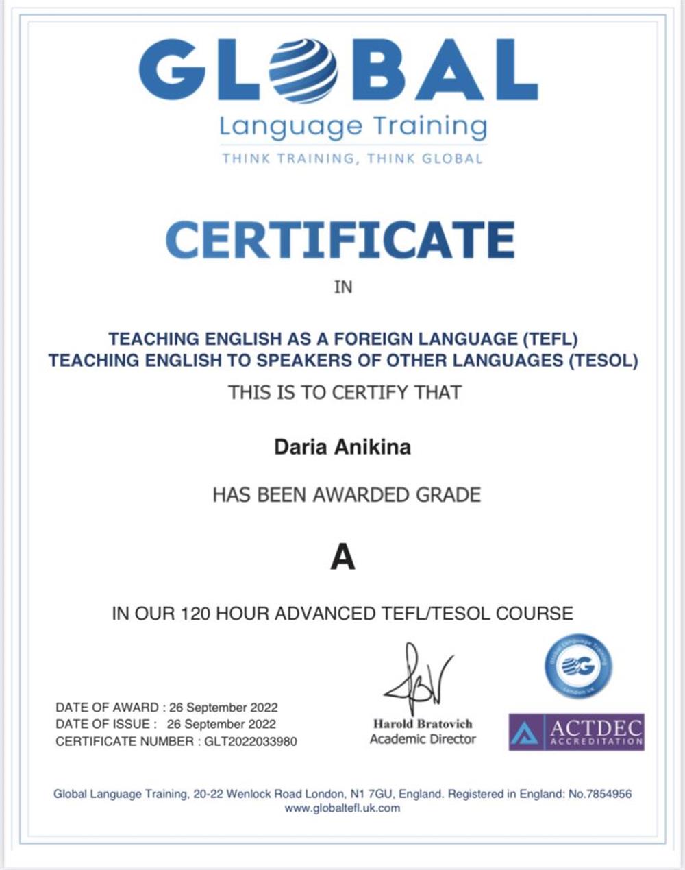 TEFL/TESOL certificate, 2022