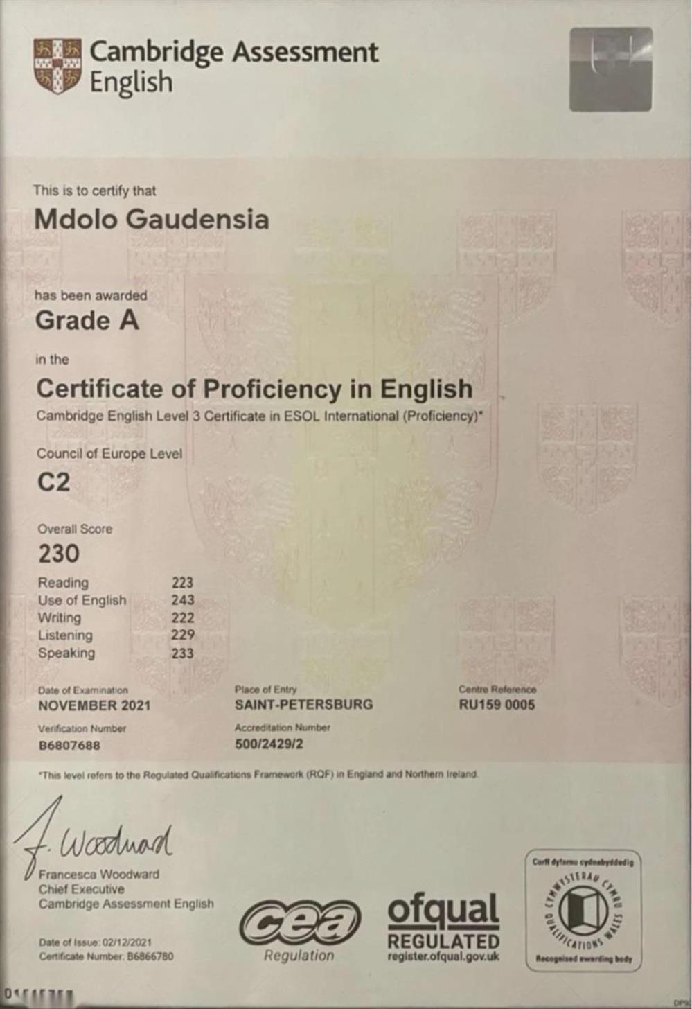 Certificate of Proficiency in English