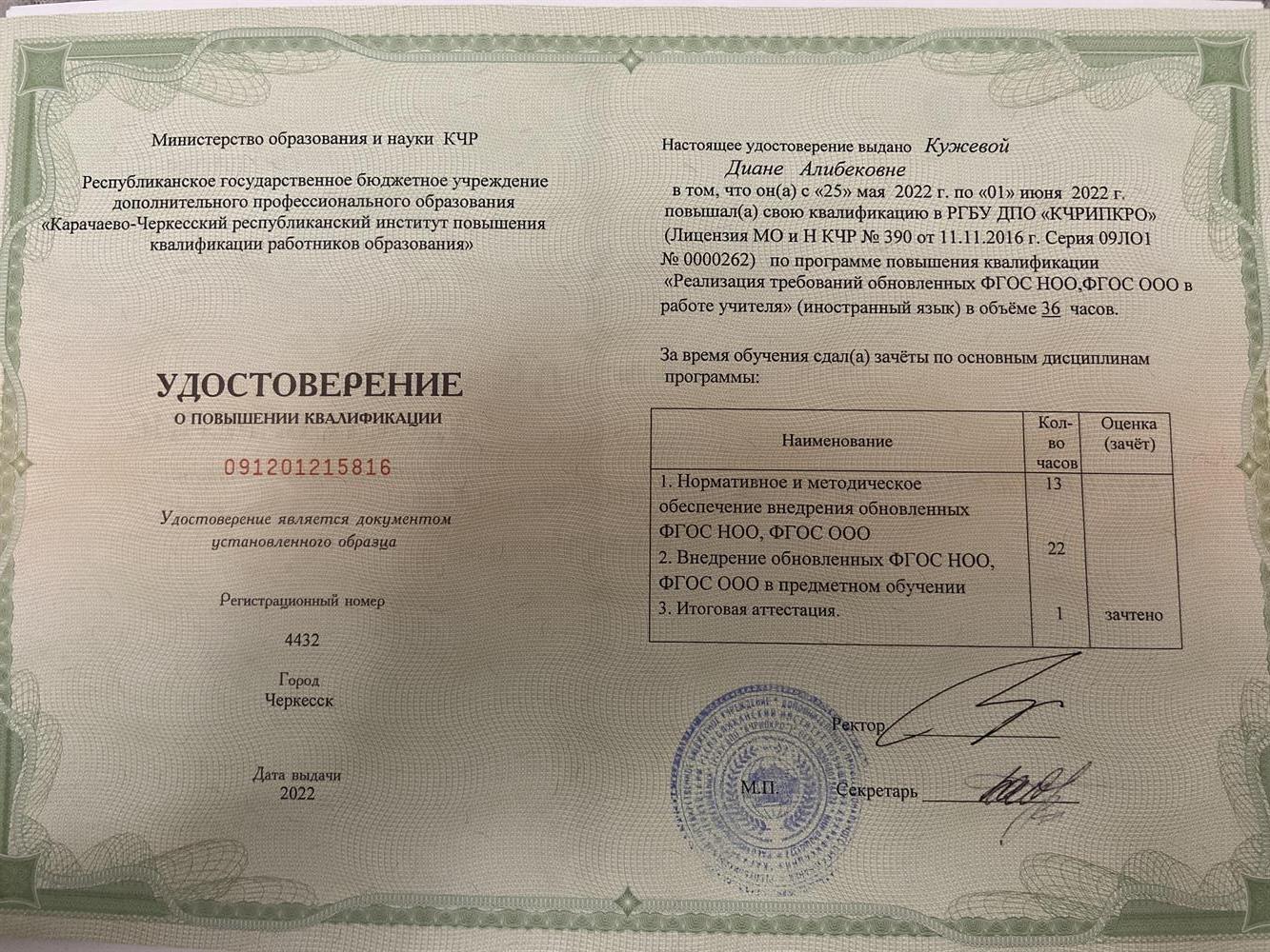 Удостоверение о повышении квалификации 