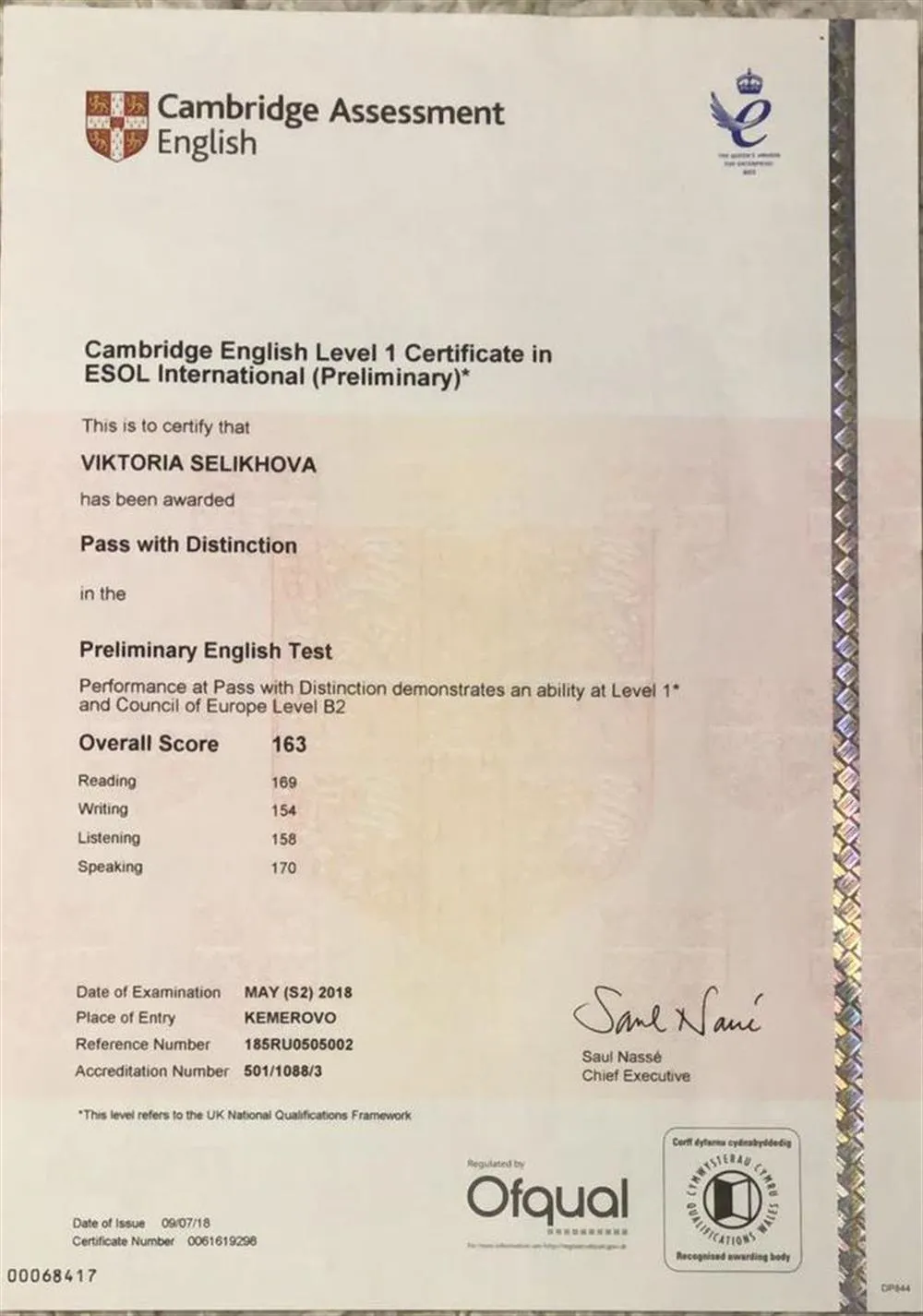 Cambridge English Level (PET) certificate - certified B2 