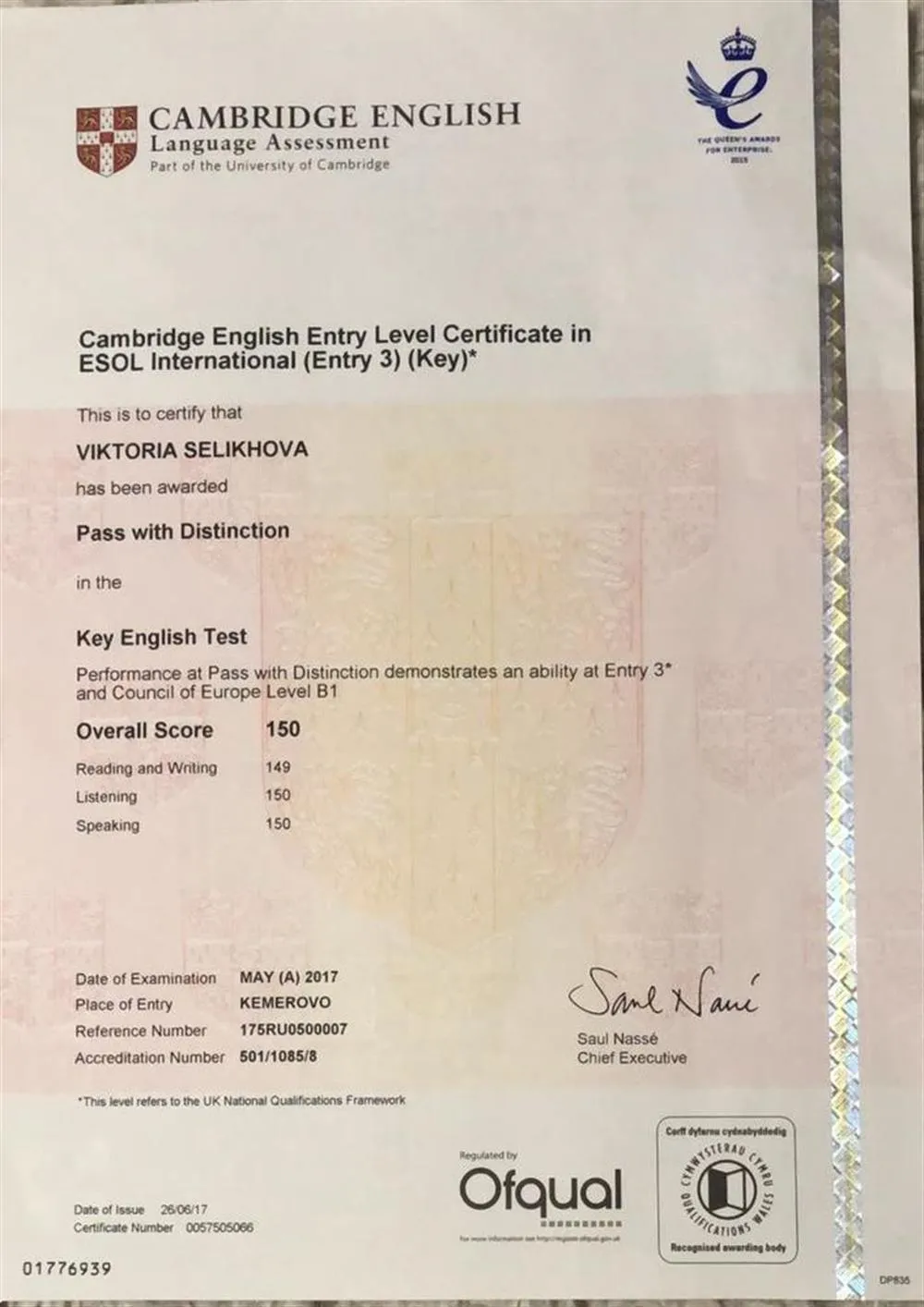 Cambridge English Level (KET) certificate - certified B1 
