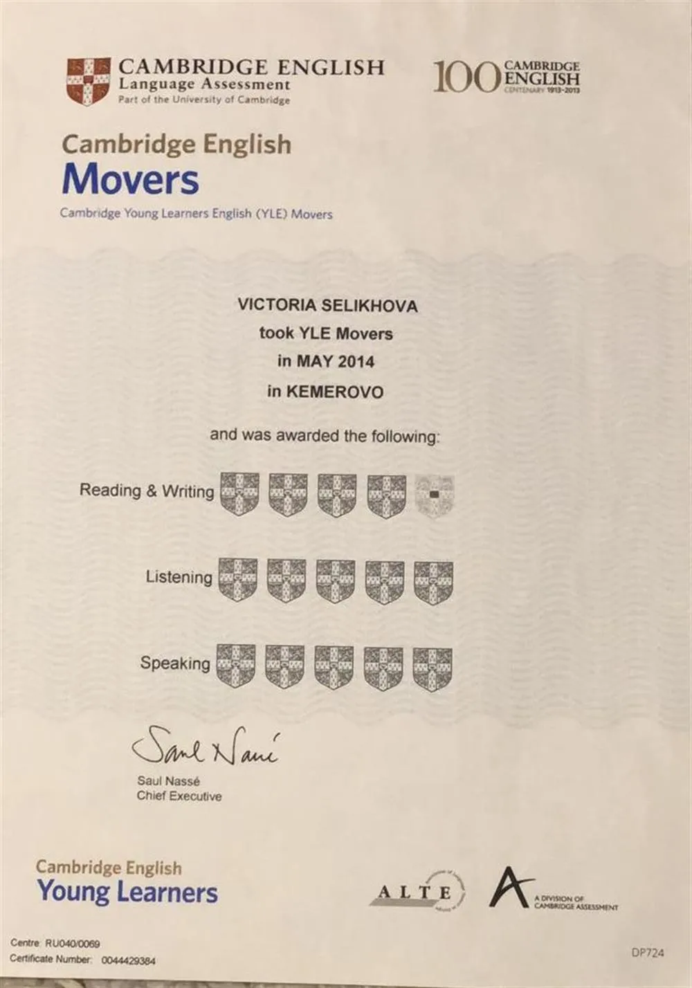 Cambridge English Level (YLE) certificate