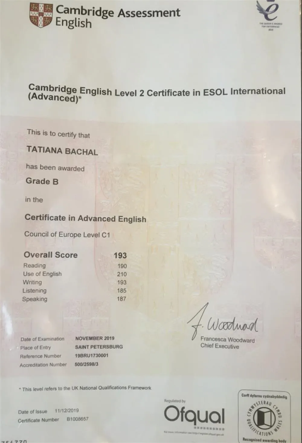 Certificate in Advanced English (CAE), 2019
