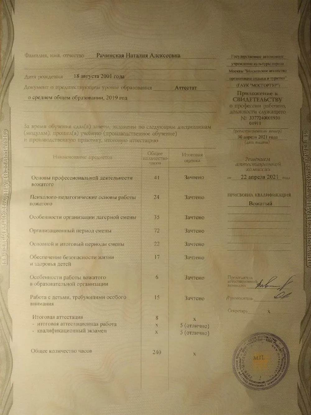 Сертификат вожатого 