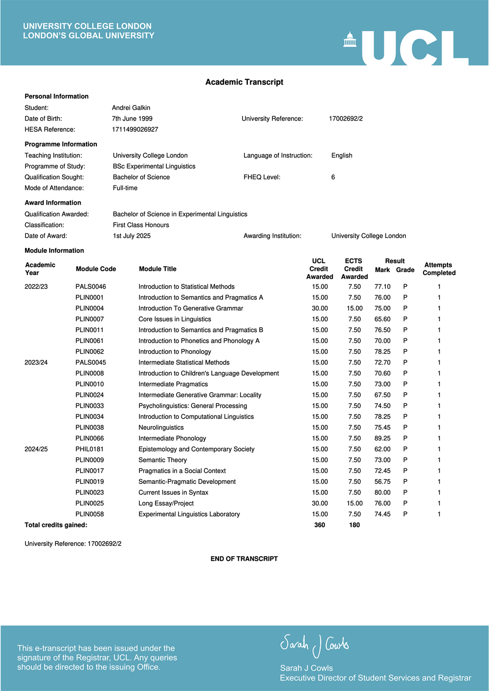 UCL Experimental Linguistics, First Class Honours 
