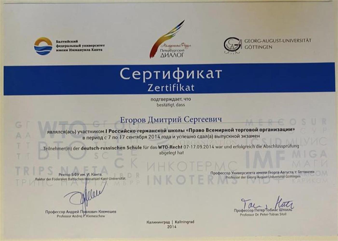 Сертификат участника 1 Российско-германской школы по праву ВТО